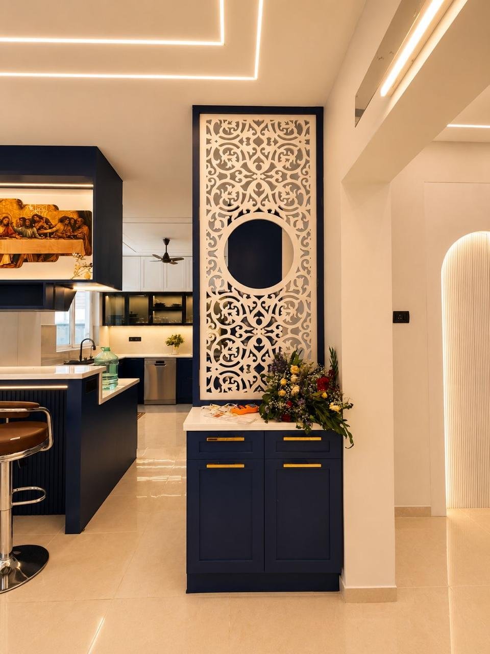 Modern navy blue modular kitchen with decorative partition in Chennai